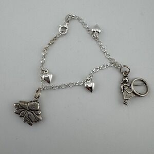 Vintage Silver Tone Charm Bracelet Flower Hearts Girl with Hoop‎